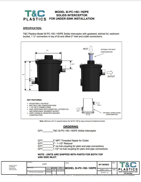 SI-PC-150 Under Sink Solids Interceptor